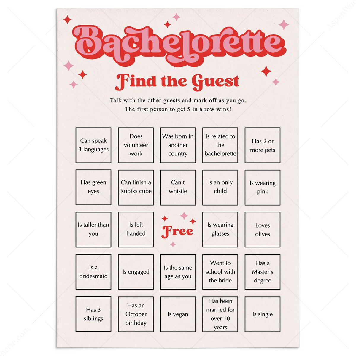 Find The Guest Bingo | Bachelorette Party Game Retro Themed throughout Bachelorette Party Bingo Cards