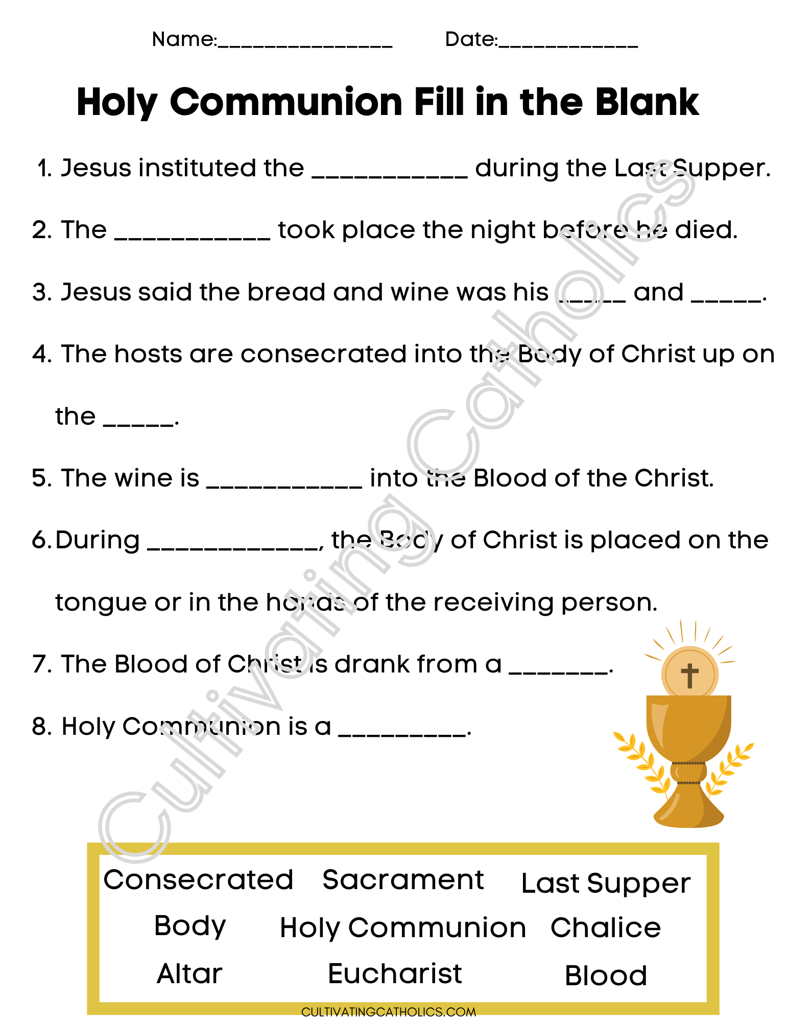 First Communion Fill-In-The-Blank Printable Worksheet with regard to Free Catholic Printable Worksheets
