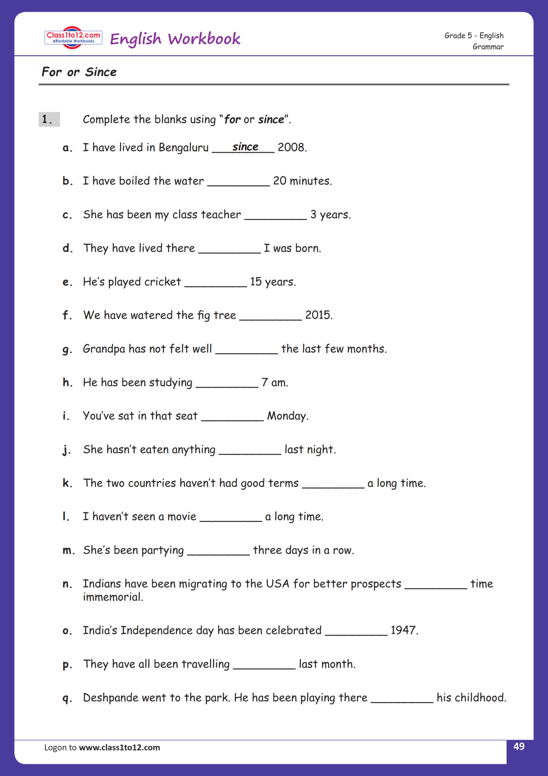 For And Since Worksheets For Cbse Class 5 Students | Class1To12 within Printable Grammar Worksheets For Grade 5