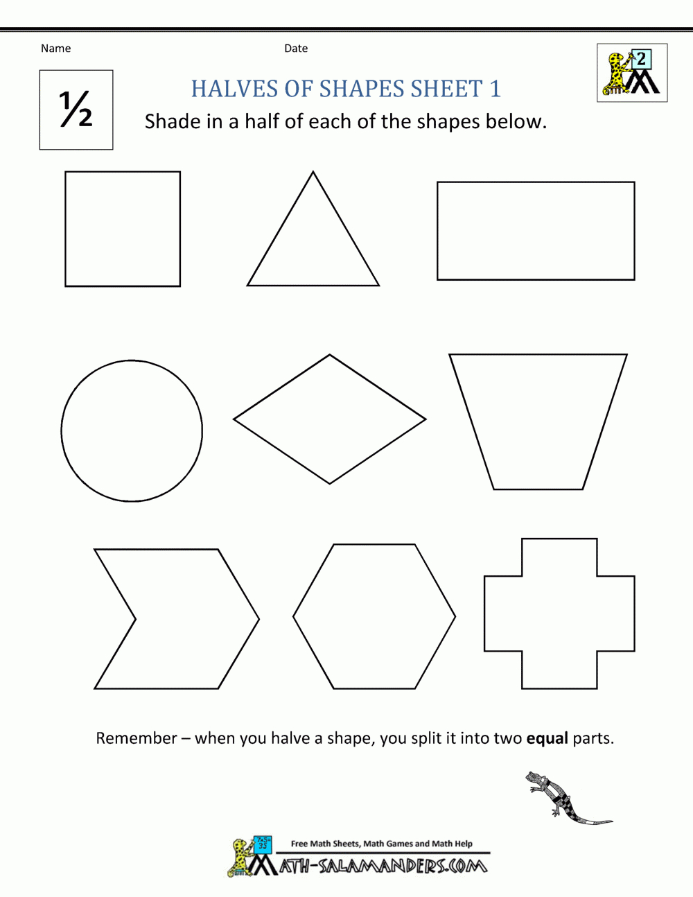 Fraction Math Worksheets inside Halves Worksheet Grade 1 Printable