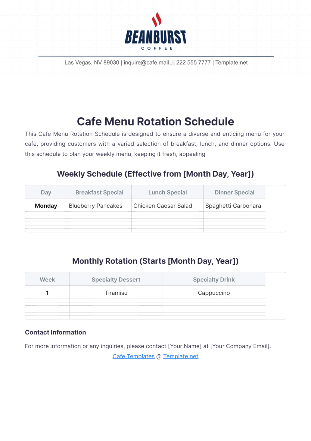 Free Cafe Menu Rotation Schedule Template To Edit Online throughout Printable Vegas Rotation Schedule