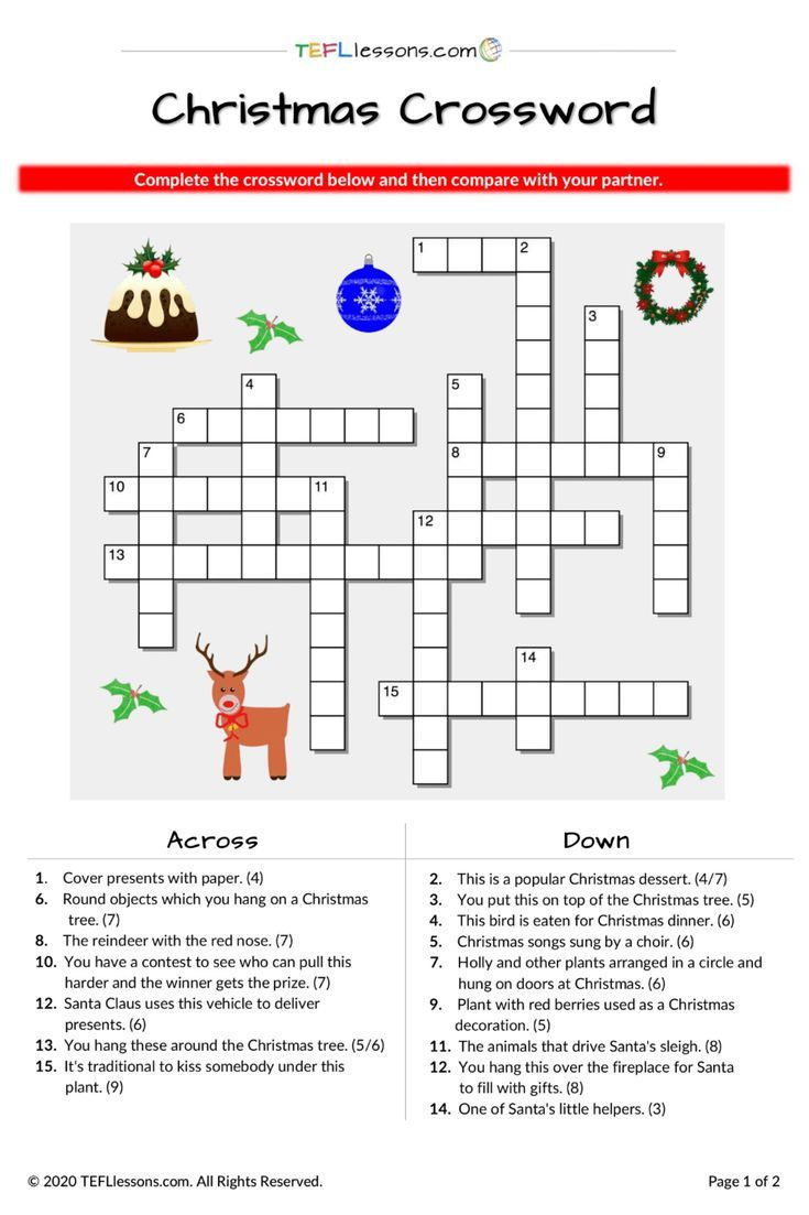 Free Christmas Crossword For Esl Classes + Fillable Version For regarding Christmas Crosswords Free Printable