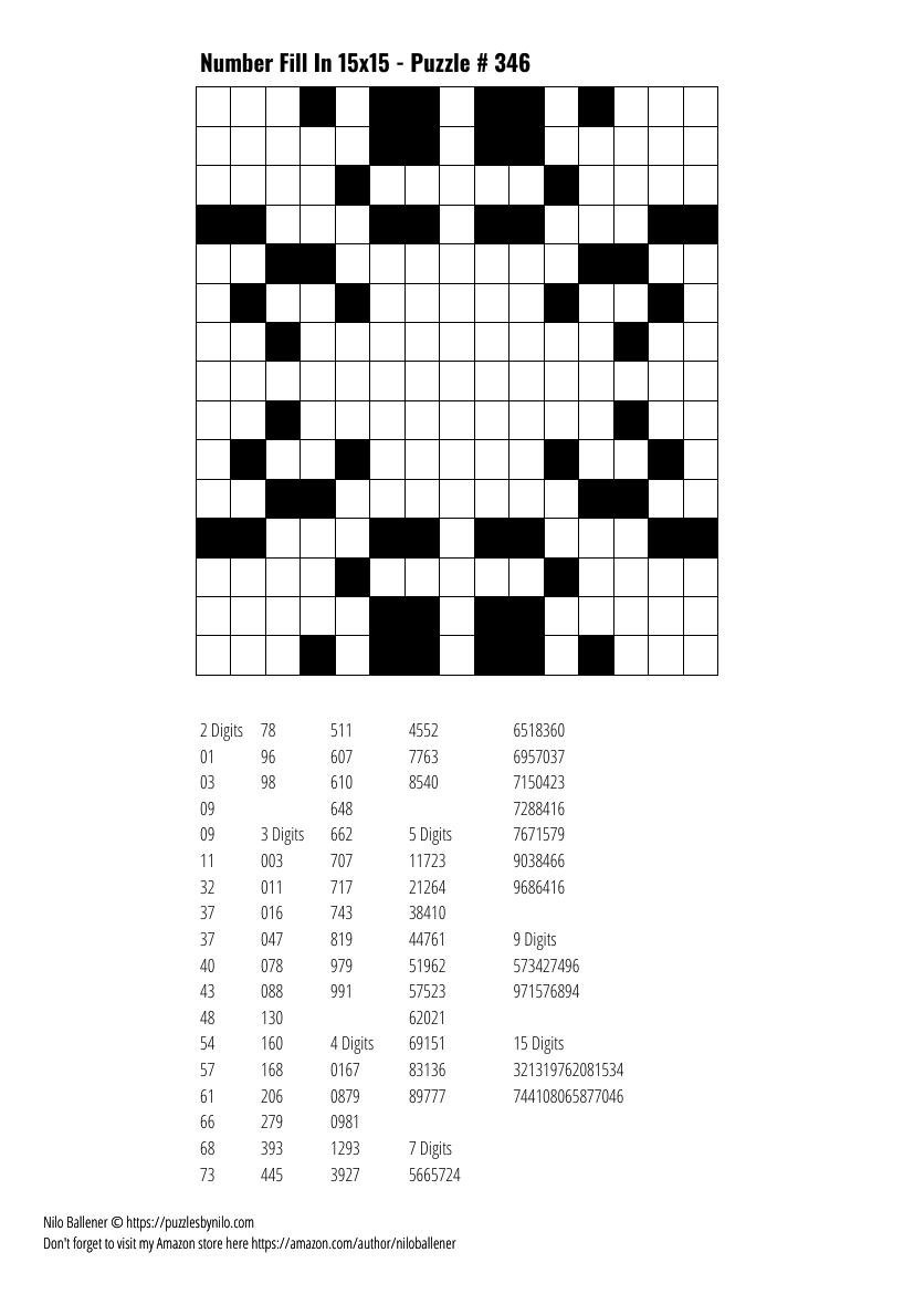 Free Downloadable Puzzle Number Fill In 15X15 # 346 — Puzzlesnilo throughout Number Fill In Puzzles Free Printable