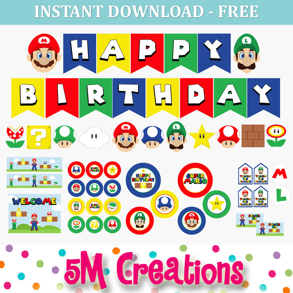 Free Mario Inspired Party Printable Decorations – Instant Download intended for Super Mario Cupcake Toppers Free Printables