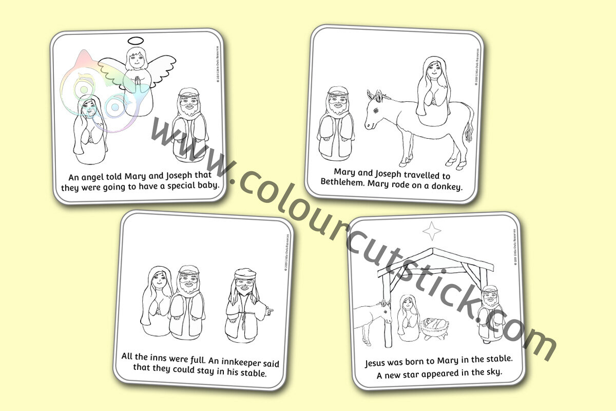 Free Nativity Story Sequence Cards Colouring / Coloring Pages Pack throughout Free Printable Christmas Story Sequencing Pictures