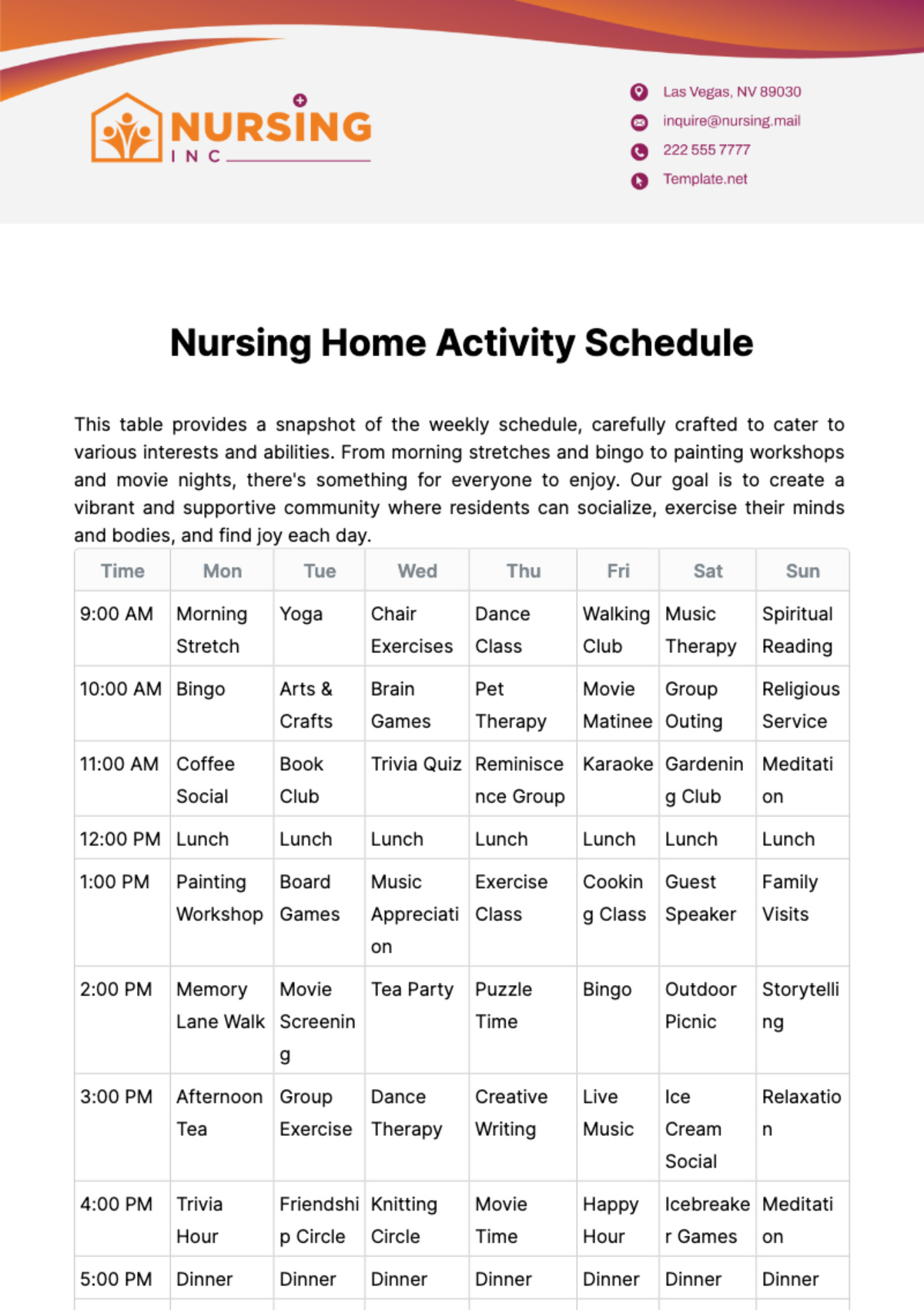 Free Nursing Home Activity Schedule Template To Edit Online intended for Free Printable Cards For Nursing Homes
