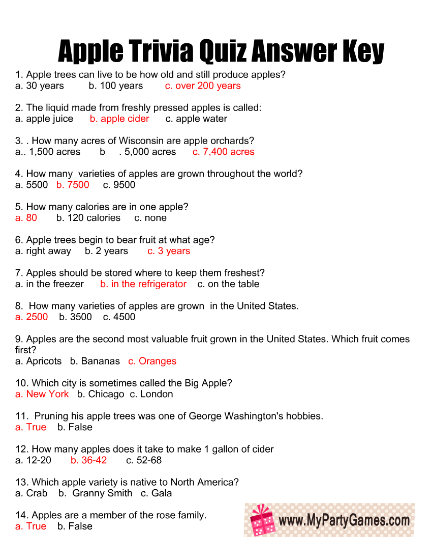 Free Printable Apple Trivia Quiz With Answer Key intended for Apple Trivia Questions and Answers Printable