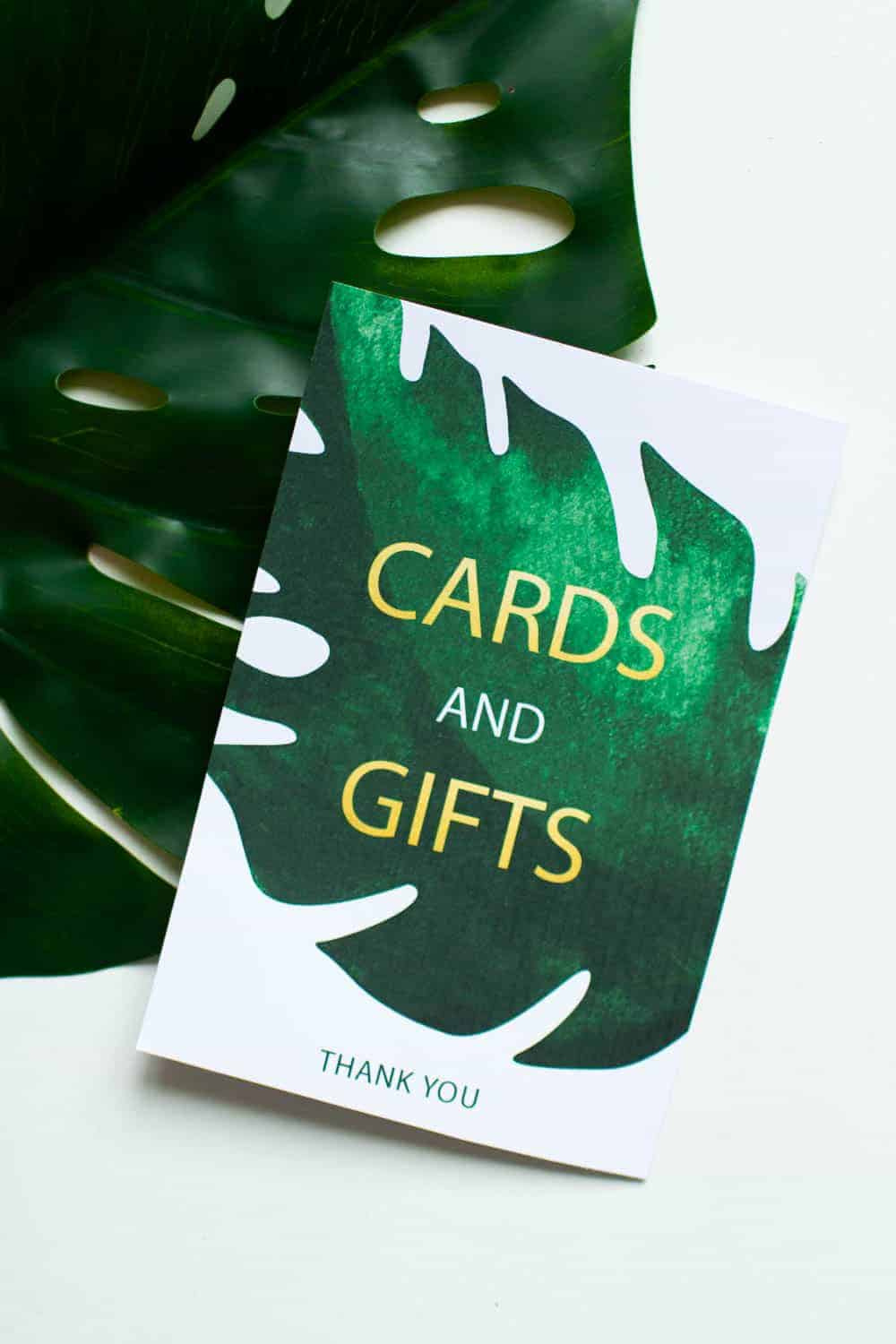Free Printable Cards And Gifts Sign Tropical Leaf Palm Green Style throughout Free Printable Cards and Gifts Sign