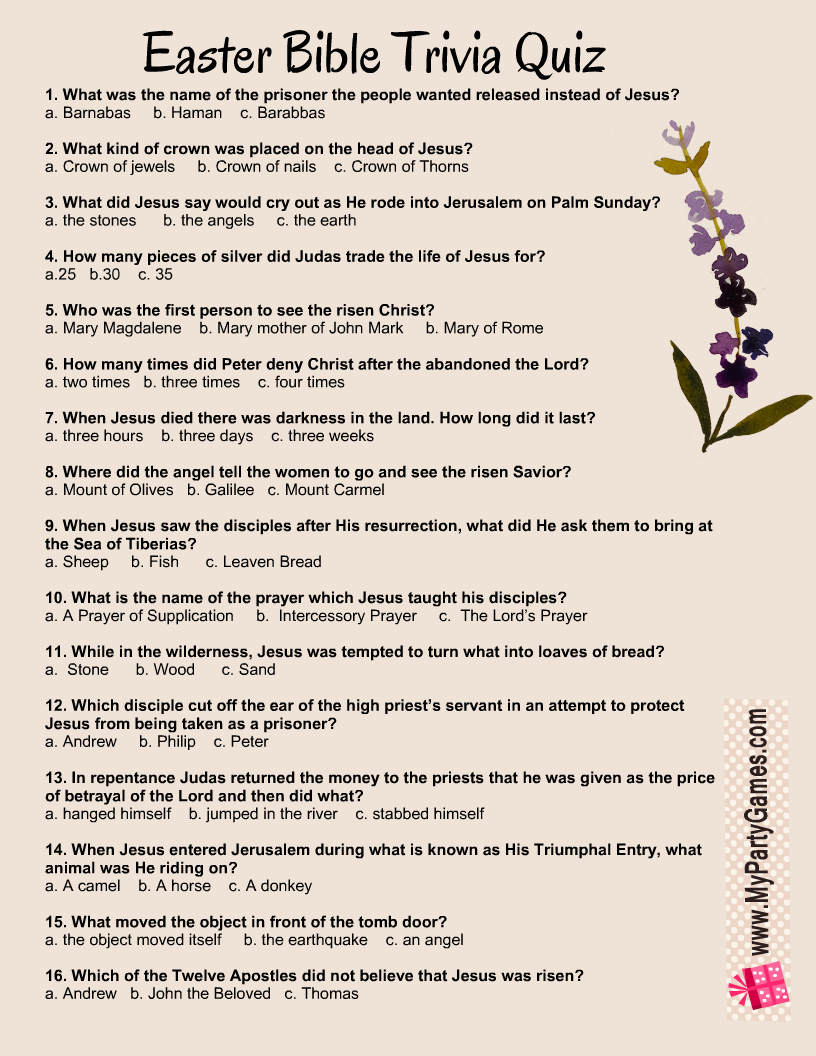 Free Printable Easter Bible Trivia Quiz With Answer Key for Free Printable Bible Trivia