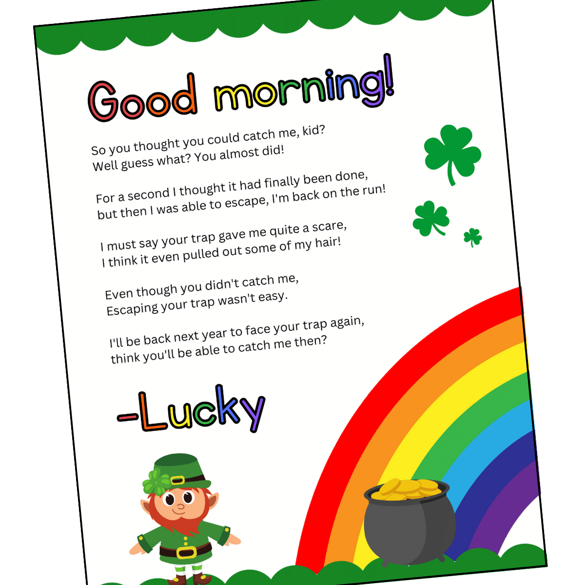Free Printable Leprechaun Letter To Child in Free Printable Leprechaun Trap Notes
