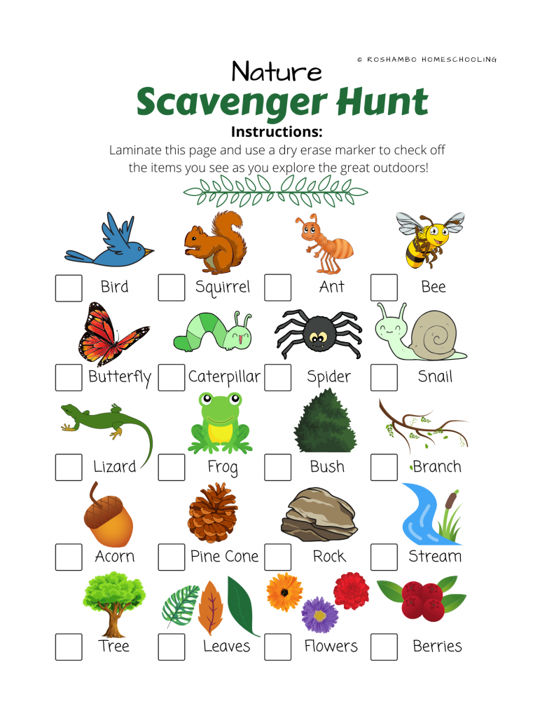 Free Printable: Nature Scavenger Hunt - Roshambo Homeschooling regarding Forest Scavenger Hunt Printable Free