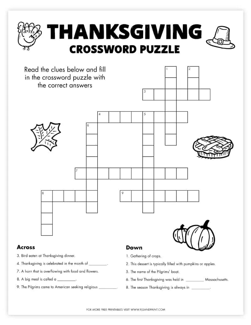 Free Printable Thanksgiving Crossword Puzzle - Pjs And Paint throughout Free Printable Thanksgiving Crossword Puzzles