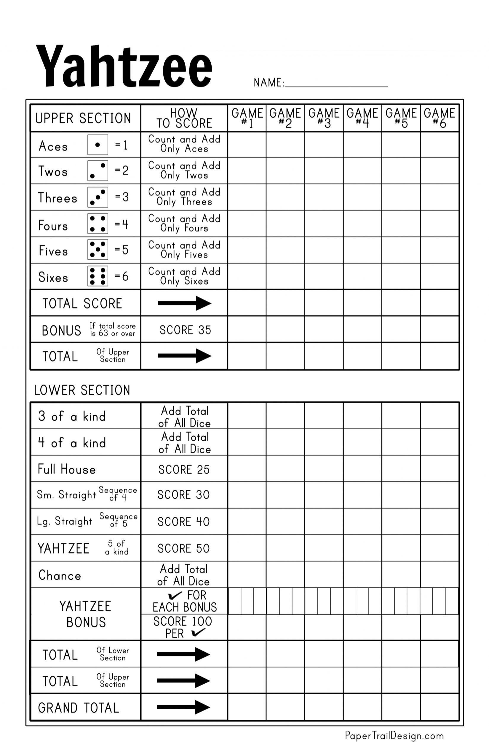 Free Printable Yahtzee Score Card | Paper Trail Design within Yard Yahtzee Score Card Free Printable
