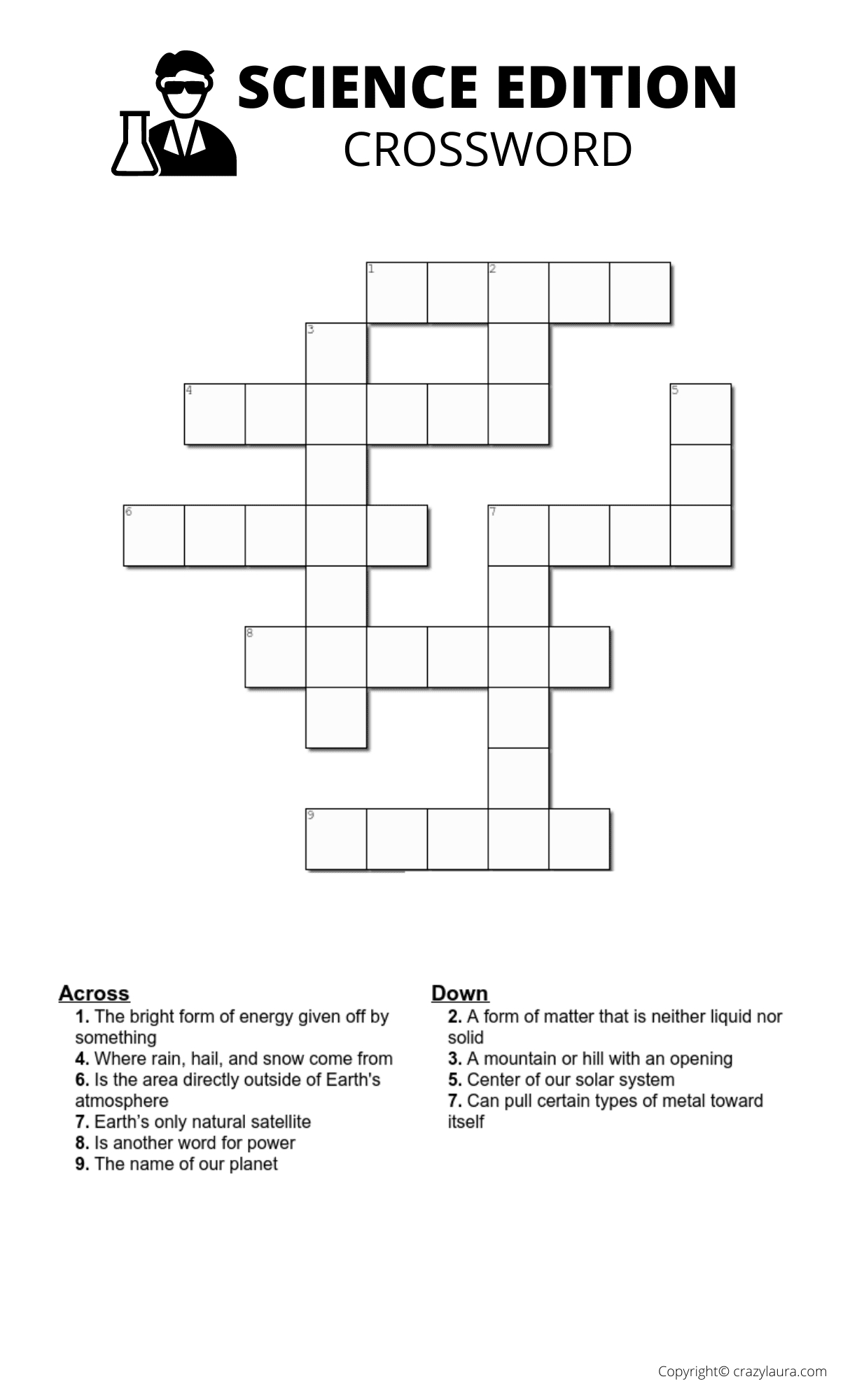 Free Science Crossword Printable Game Sheets - Crazy Laura within Printable Crossword Puzzles Science