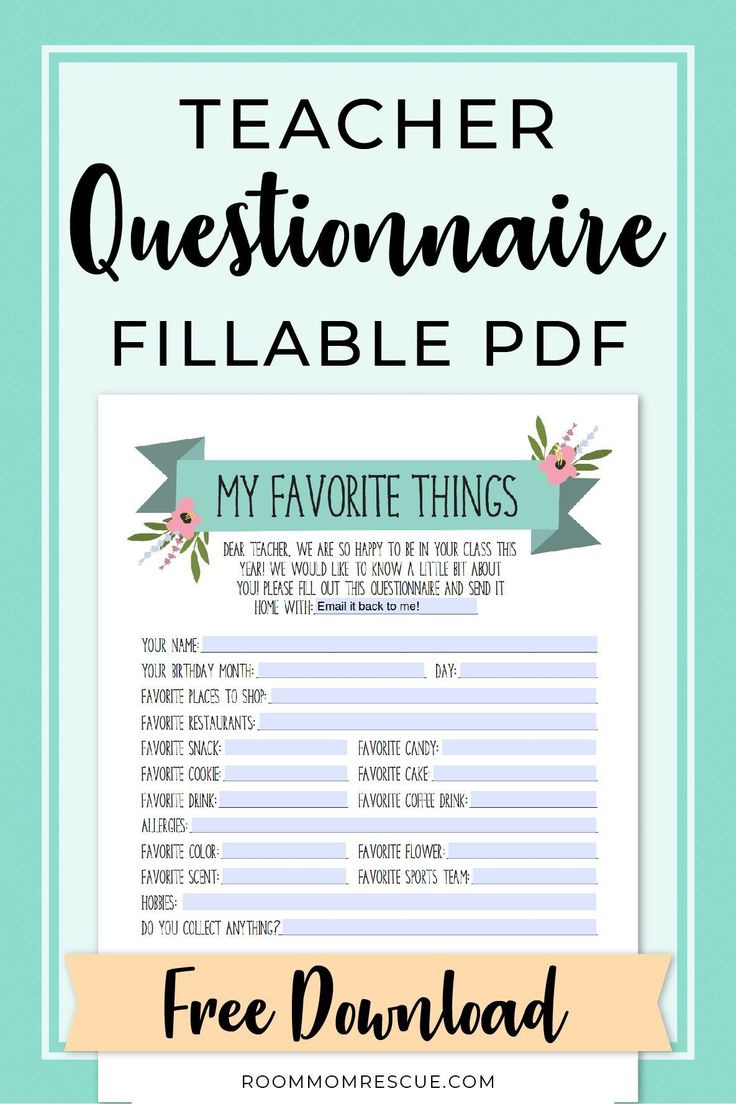 Free Teacher Favorites Questionnaire (Fillable!) | Back To School in Teacher Favorites Free Printable