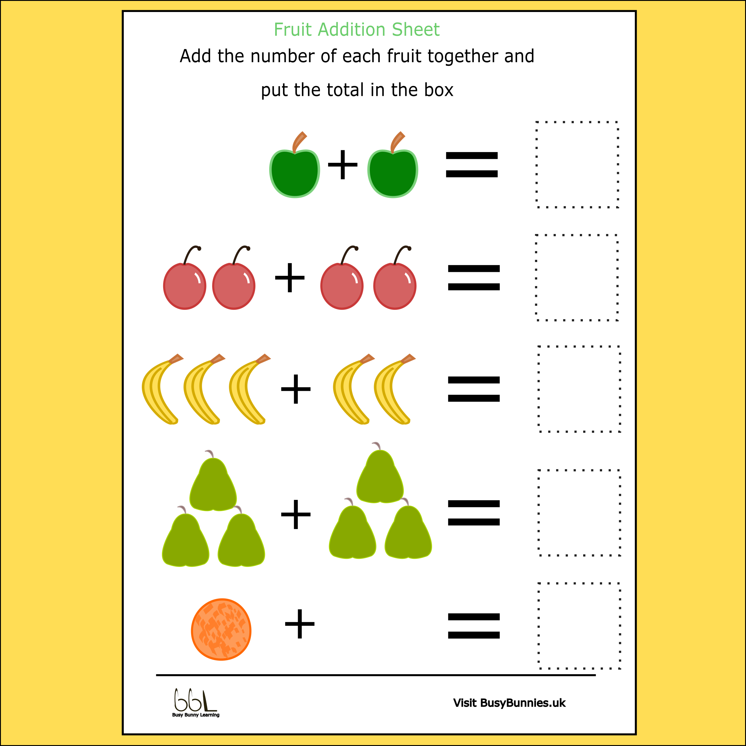 Fruit Addition Sheet 1 - Busy Bunnies Learning regarding Fruit Picture Addition Worksheet