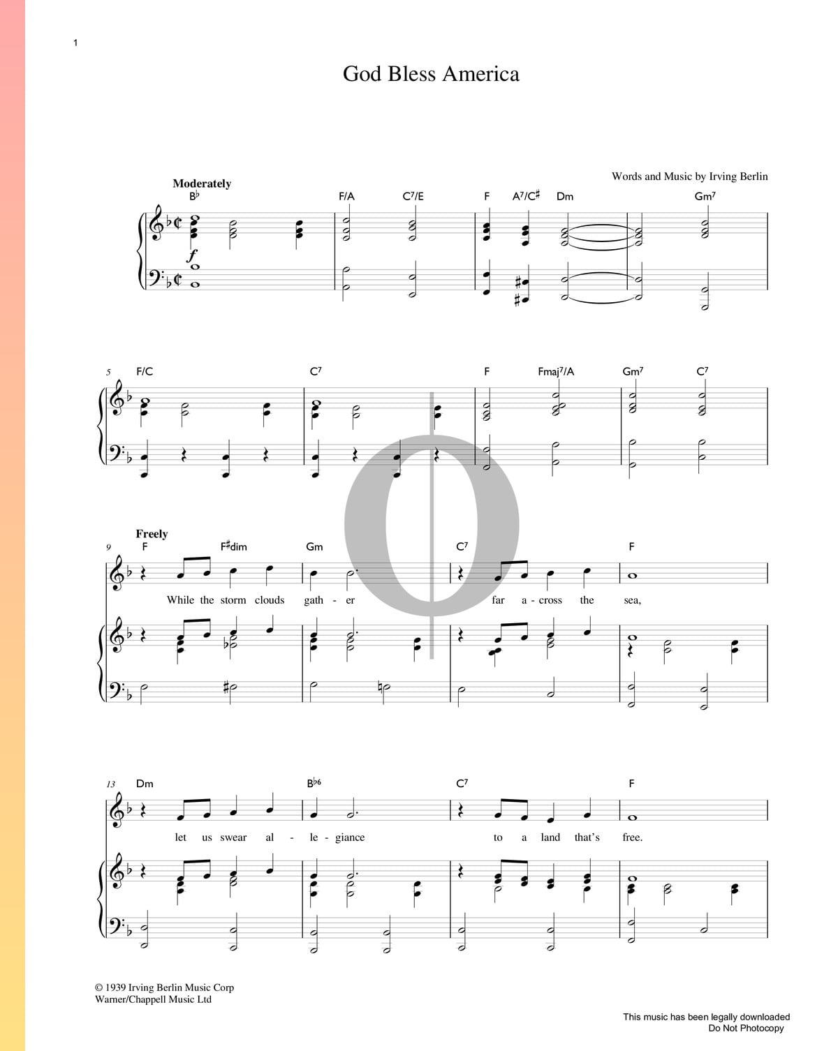 God Bless America Klaviernoten (Irving Berlin) - Oktav within Piano Free Printable God Bless America Sheet Music