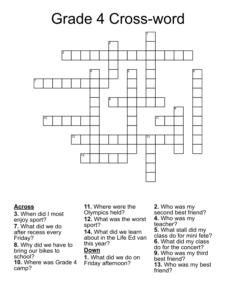 Grade 4 Cross-Word Crossword - Wordmint in Crossword Puzzles For 4Th Graders Printable