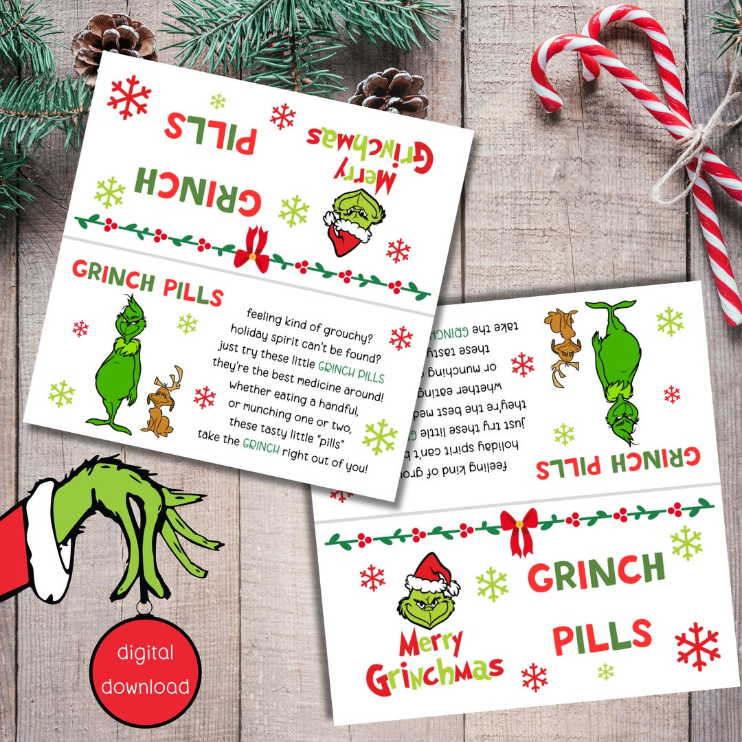 Grinch Pills Printable Treat Bag Topper - Christmas Candy Bag with Free Printable Grinch Candy Cane Tags