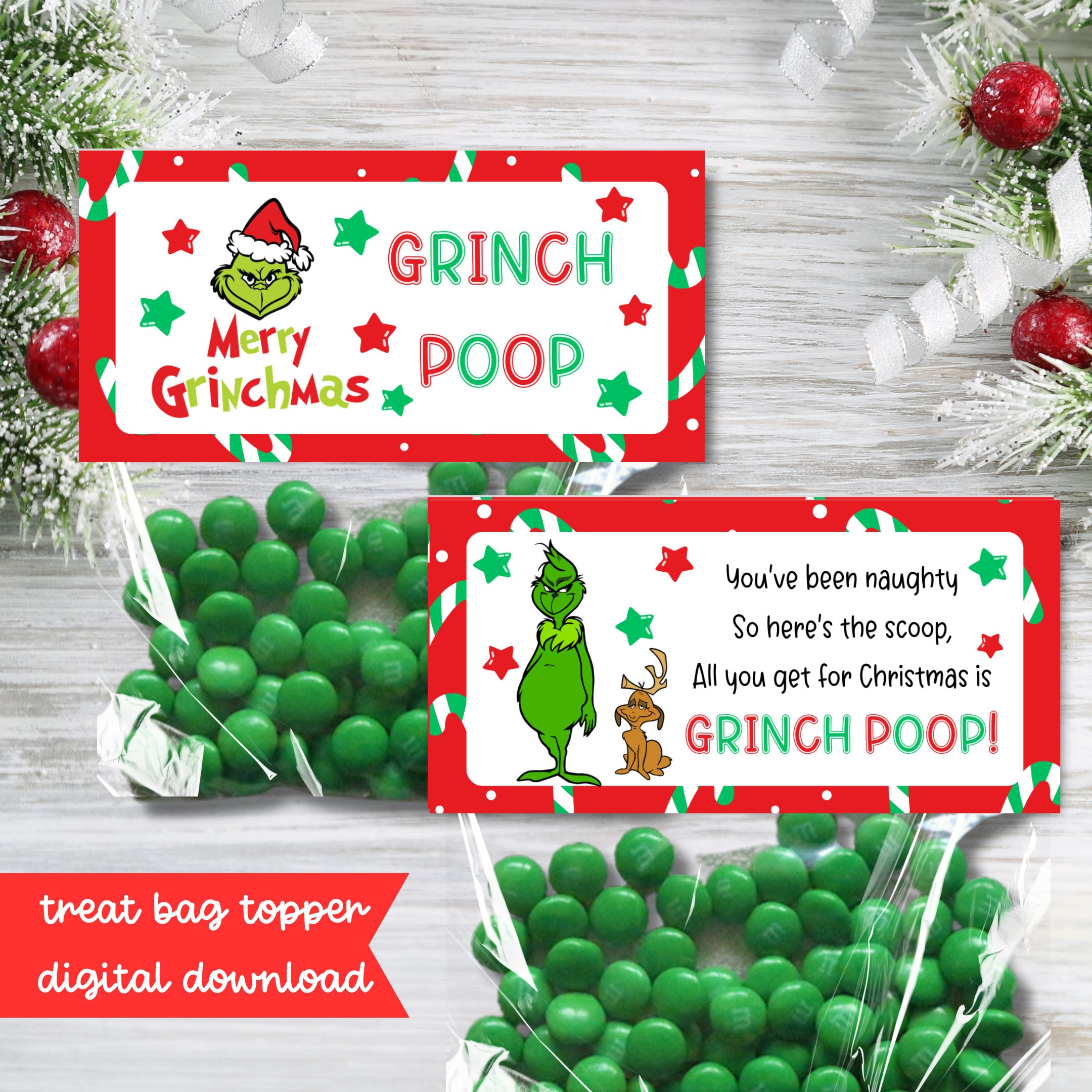 Grinch Poop Printable Treat Bag Topper - Christmas Candy Bag for Free Grinch Poop Printable Tag