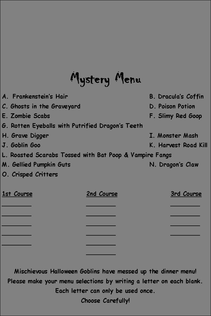 Halloween 2011 for Mystery Dinner Menu Printable