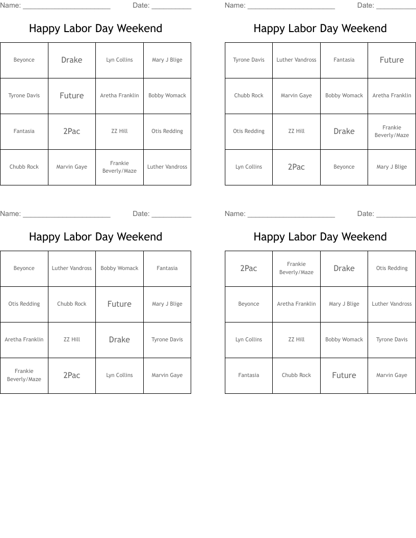 Happy Labor Day Weekend Bingo Cards - Wordmint inside Labor Day Bingo Free Printable