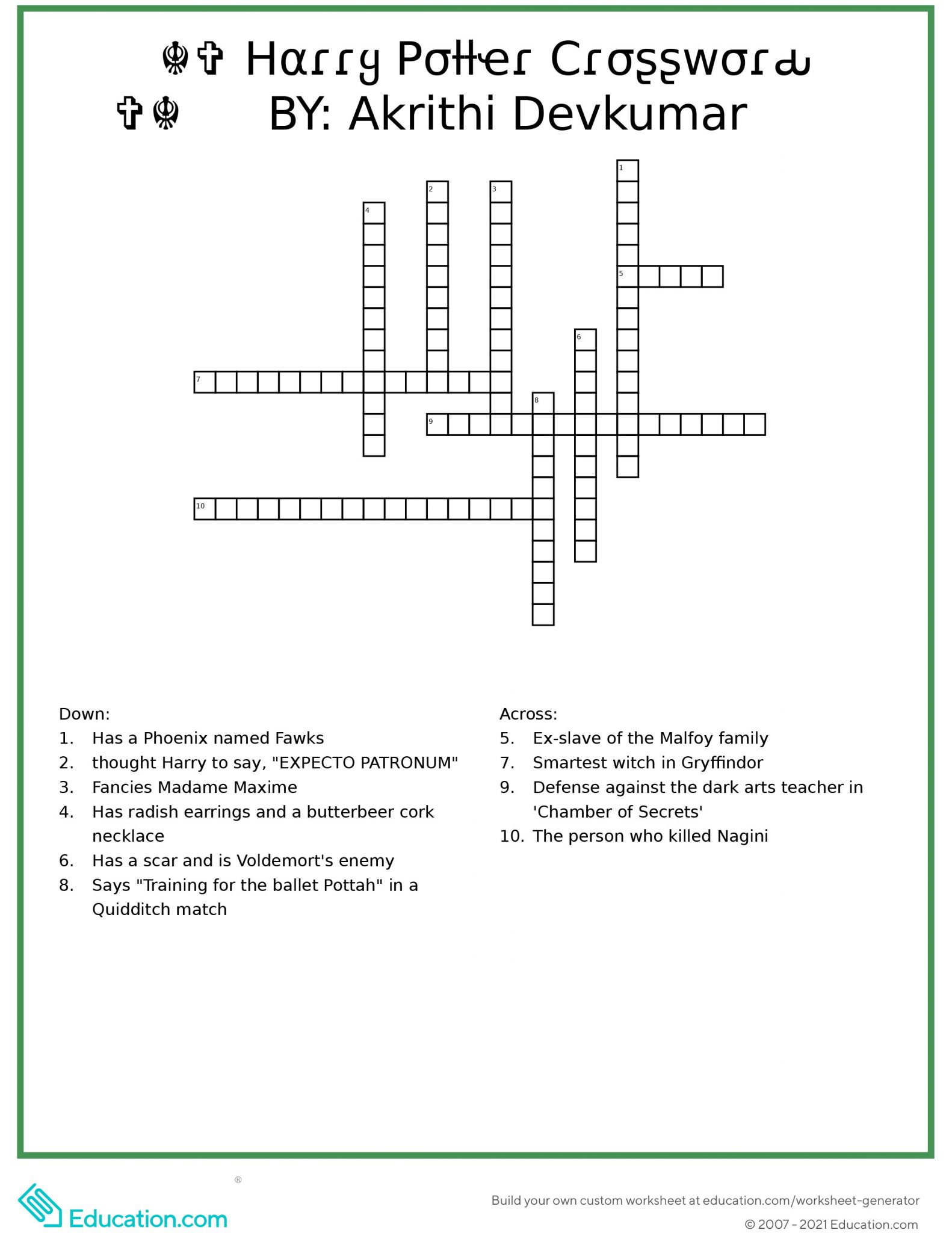 Harry Potter Crossword - Kaur Online English in Harry Potter Crossword Printable