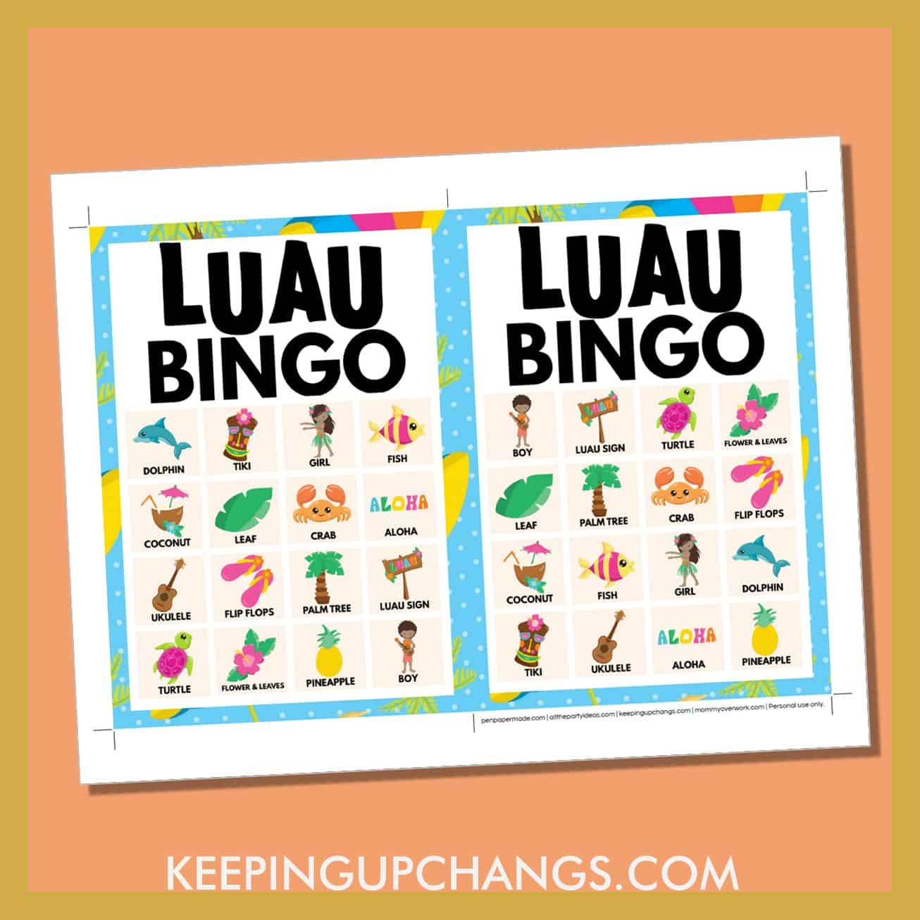 Hawaiian Luau Bingo Pictures &amp;amp; Words (5X5 &amp;amp; 4X4 Grid) [Free with Hawaiian Bingo Printable Free