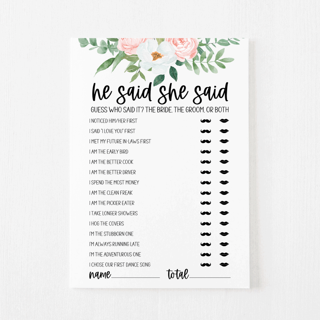 He Said She Said Bridal Shower Game Free Printable | Modern Moh intended for He Said She Said Bridal Shower Game Free Printable