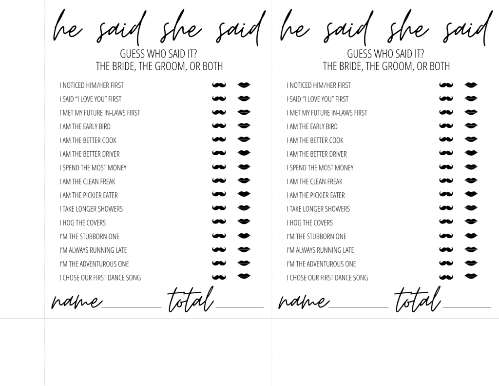 He Said She Said Bridal Shower Game Free Printable | Modern Moh with He Said She Said Bridal Shower Game Free Printable
