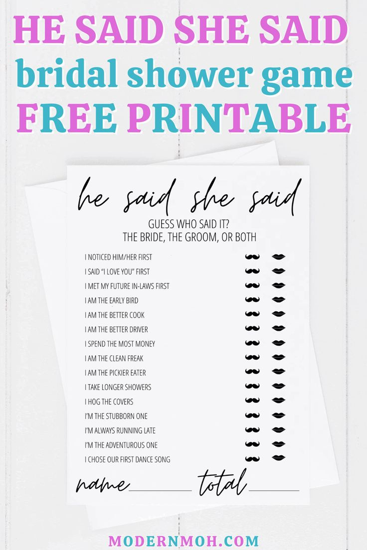 He Said She Said Bridal Shower Game Free Printable pertaining to He Said She Said Bridal Shower Game Free Printable