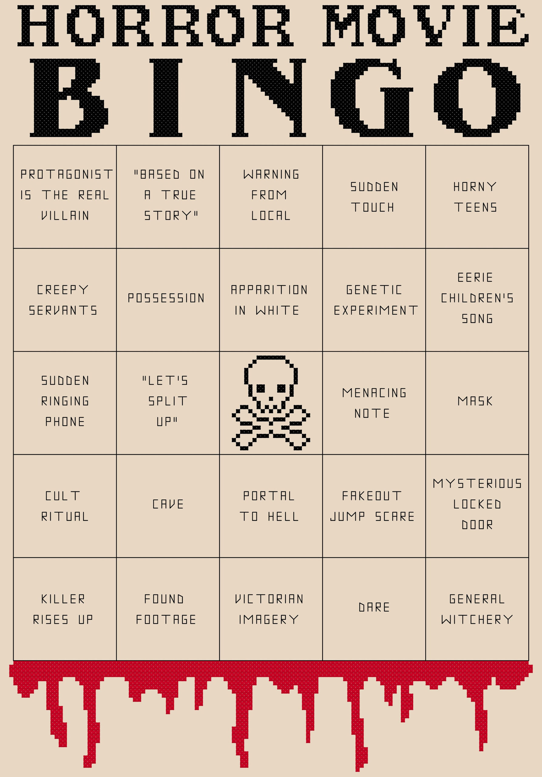 Horror Movie Bingo Cross Stitch Pattern Pdf Instant Download intended for Horror Movie Bingo Cards