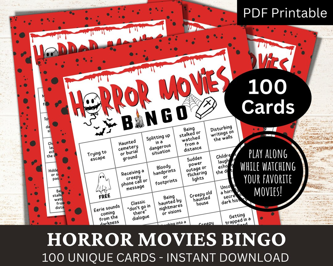 Horror Movies Bingo 100 Card, Halloween Theme Tv Shows Watch Party intended for Horror Movie Bingo Cards