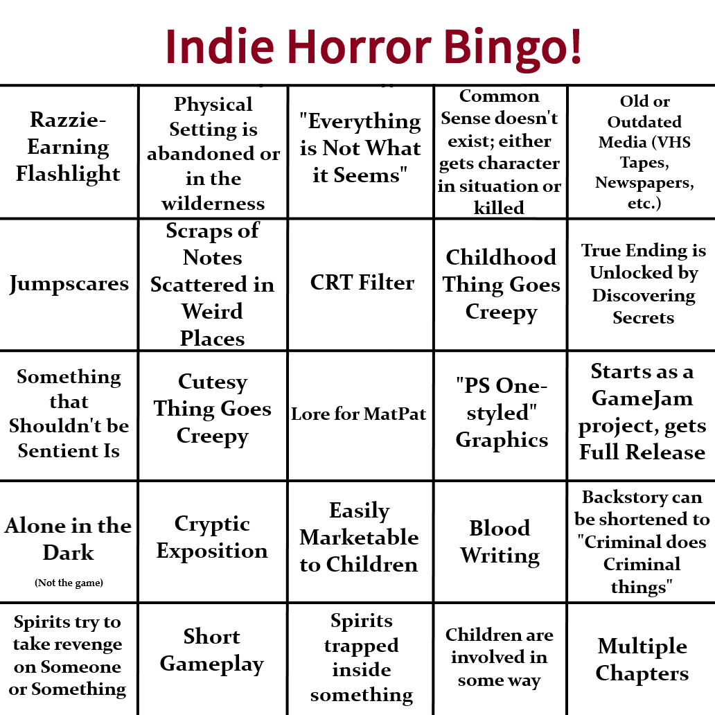 I Made A Bingo Card For Recent Indie Horror Games - Off Topic for Horror Movie Bingo Cards