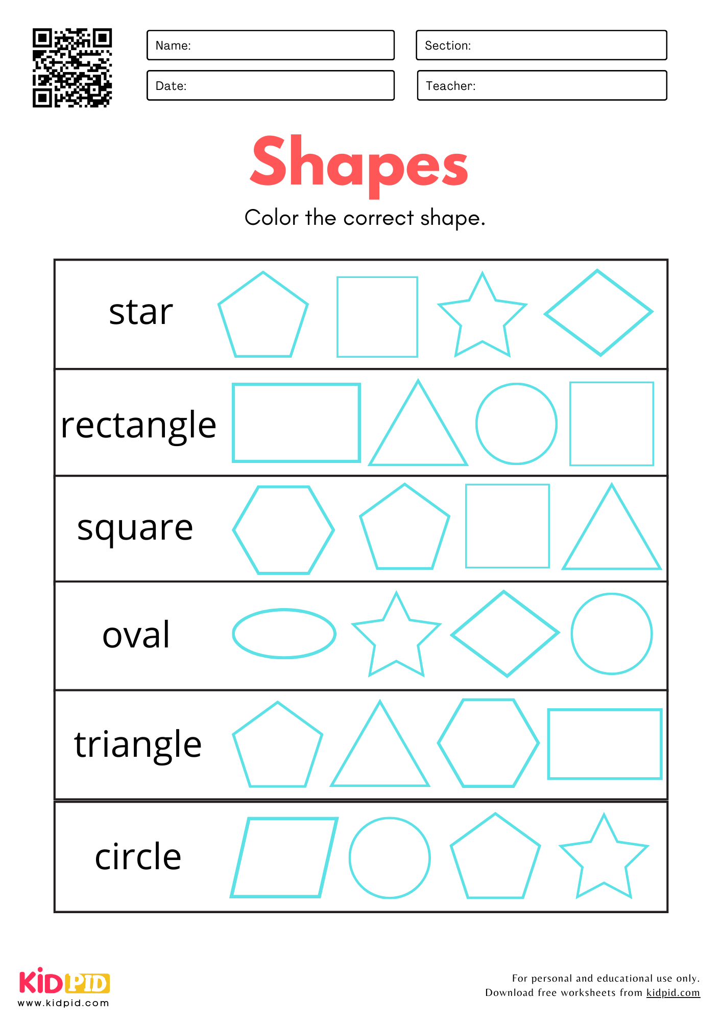 Identify 2D Shapes Worksheet For Kindergarten - Kidpid regarding Shape Identification Worksheets Free