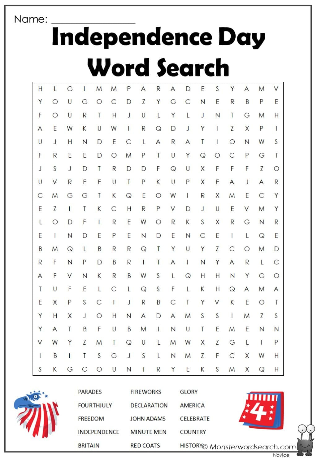 Independence Day Word Search - Monster Word Search with Independence Day Word Search Printable