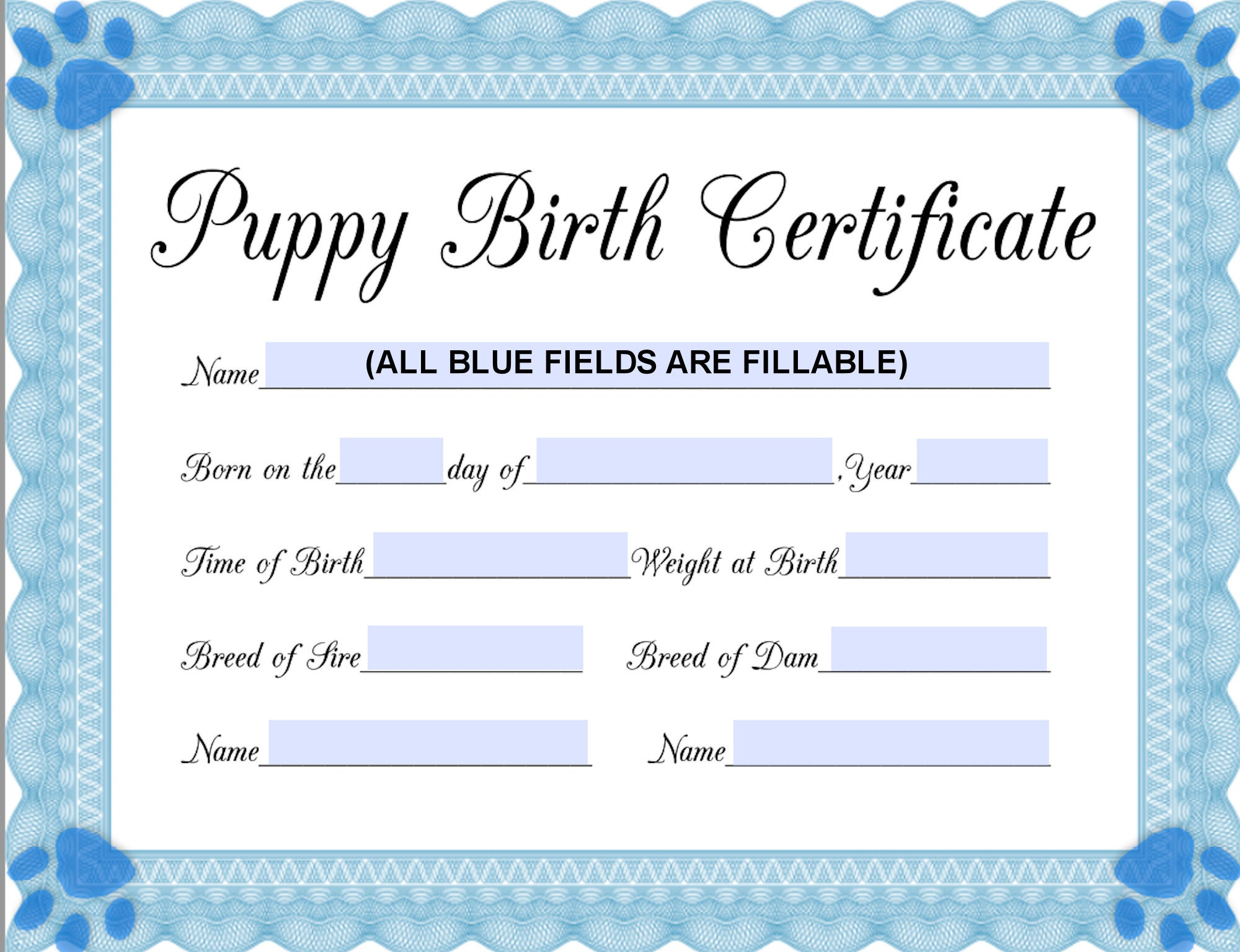 Instant Fillable Printable Pdf Puppy Birth Certificate (Blue-Male with regard to Free Printable Puppy Birth Certificate