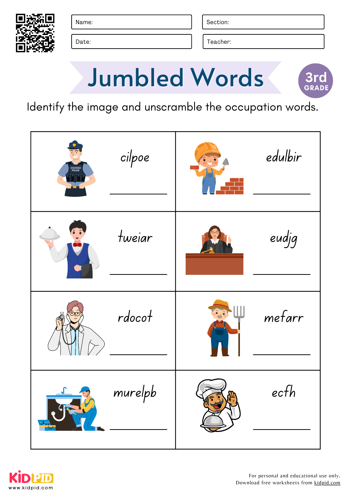 Jumbled Occupations Words Worksheet For Grade 3 - Kidpid intended for Vocabulary Printable Worksheets For Grade 3