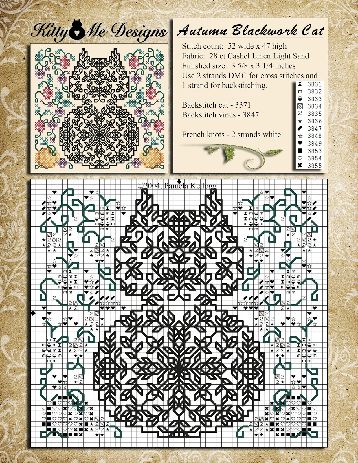 Kitty And Me Designs: Autumn Blackwork Cat - Free Cross Stitch Pattern regarding Free Printable Blackwork Patterns