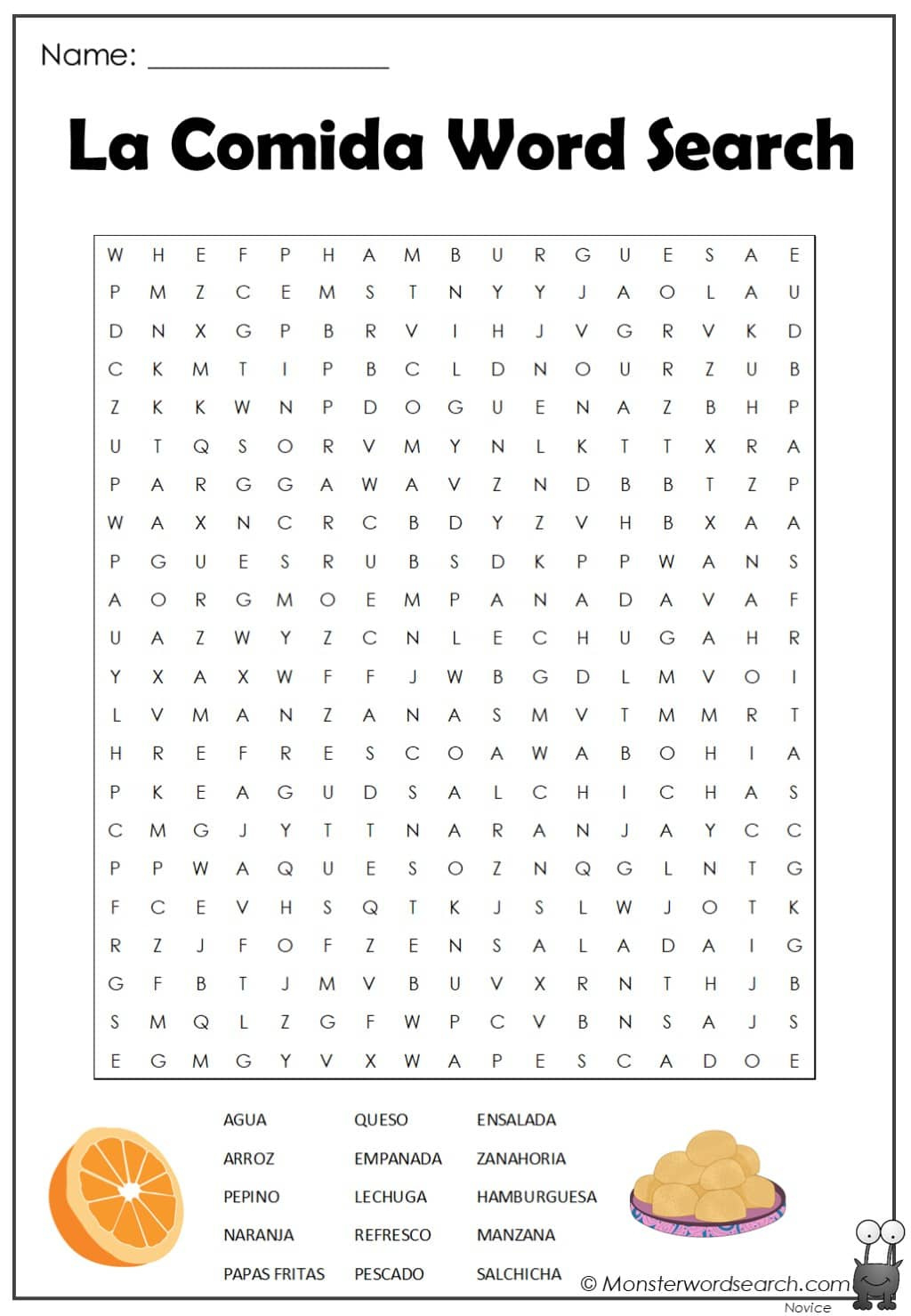 La Comida Word Search - Monster Word Search regarding Free Printable Spanish Word Search