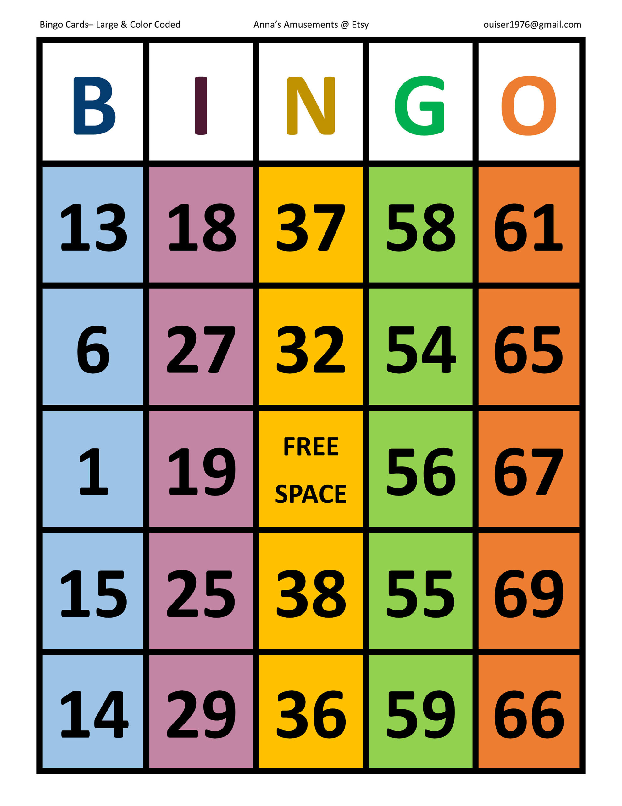 Large Print, Color-Coded Bingo Cards - Etsy throughout Large Bingo Cards For Seniors