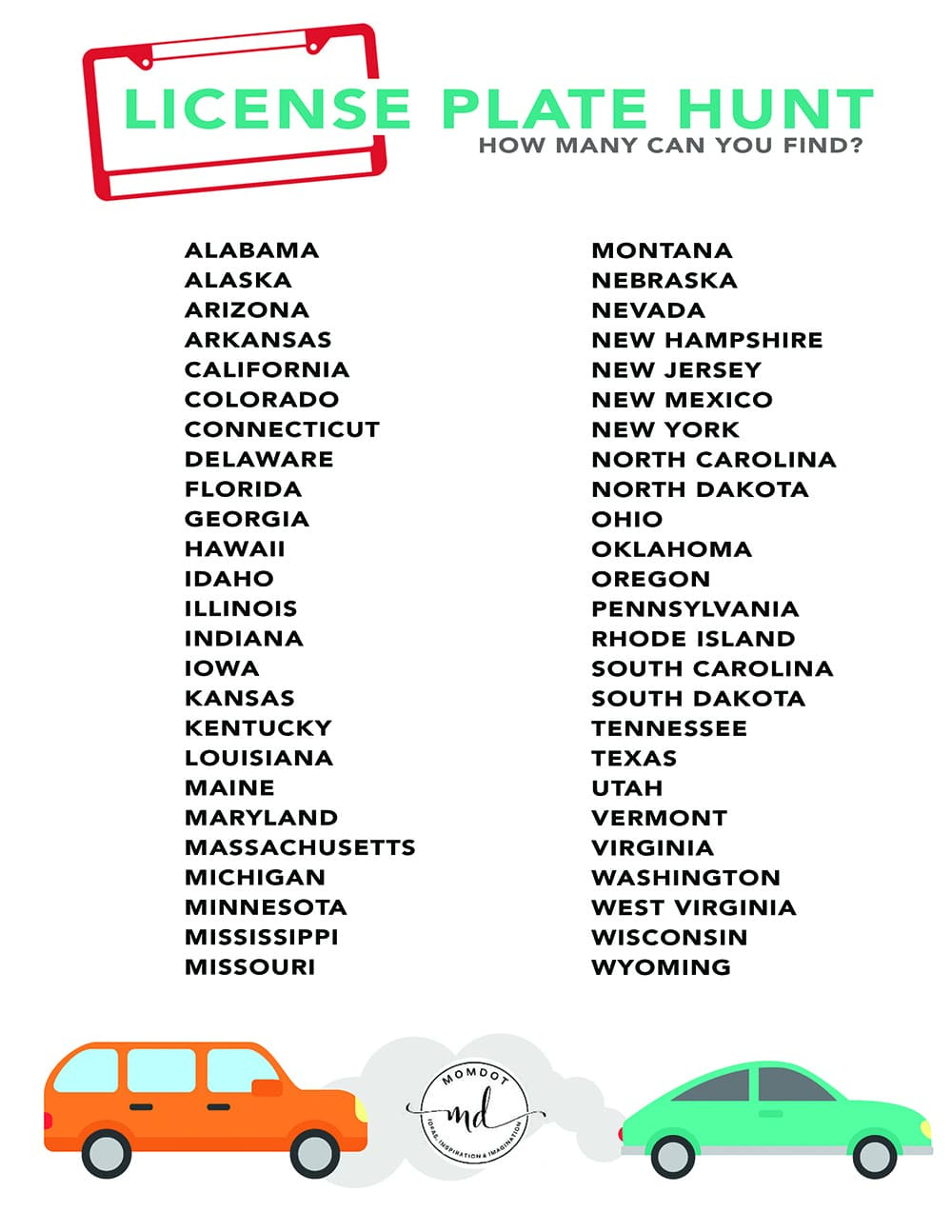 License Plate Game Printable For Road Trip Travel - Momdot within Free License Plate Game Printable