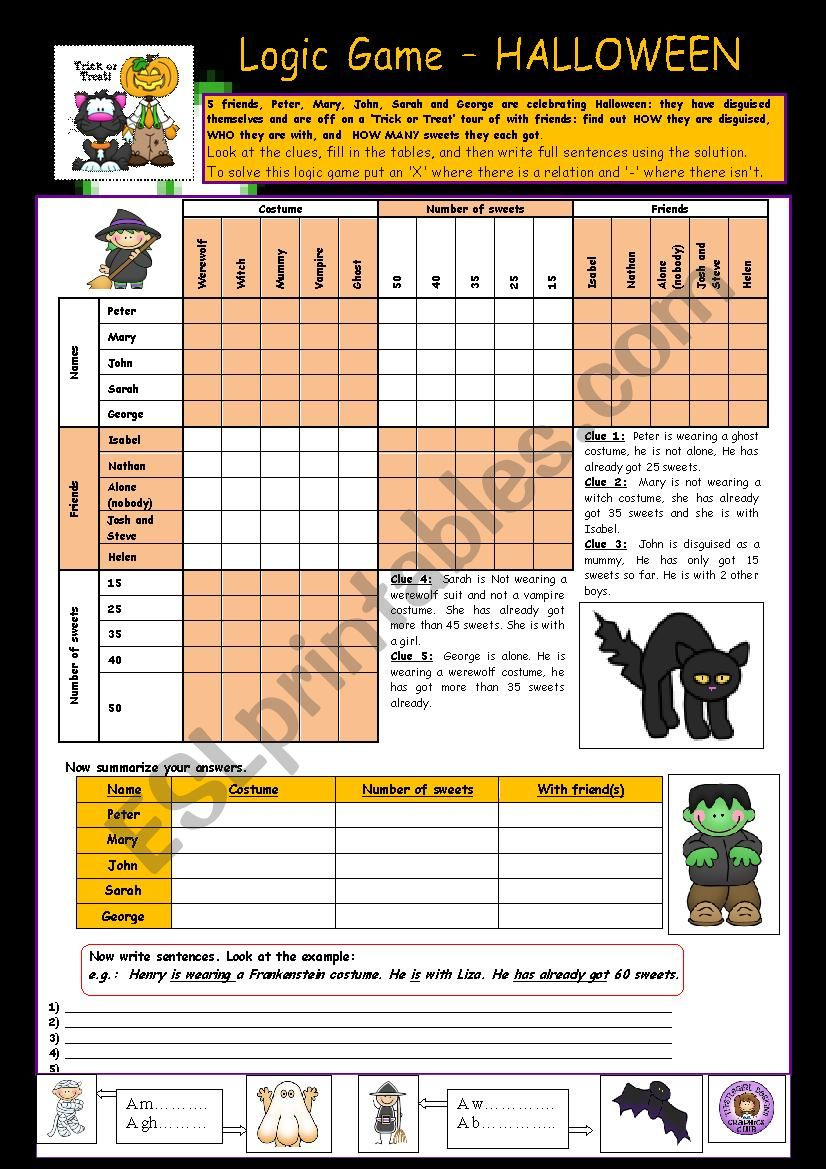 Logic Game: Halloween ;O)) - Esl Worksheetpelletrine pertaining to Halloween Logic Puzzle Printable