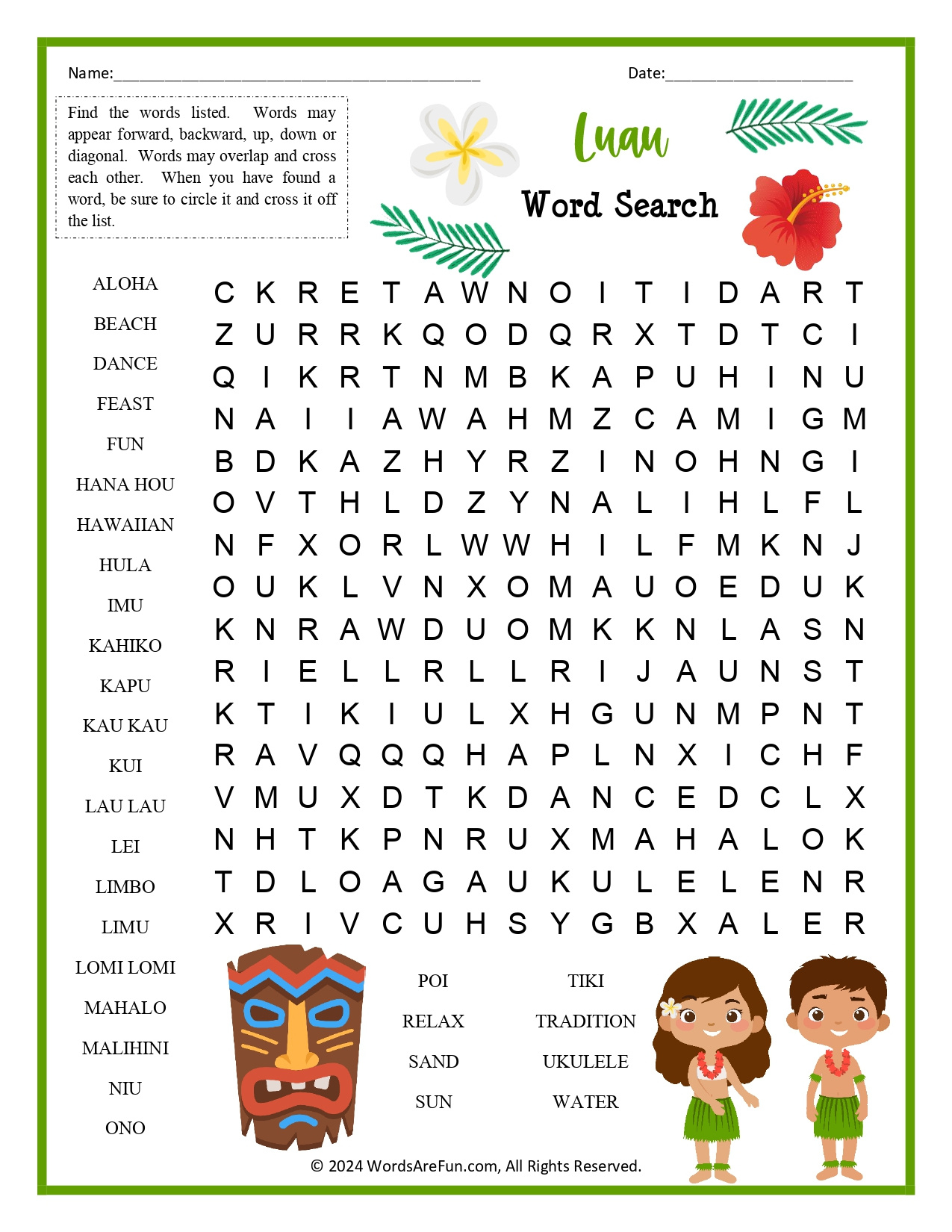 Luau Word Search For Kids intended for Printable Hawaiian Word Search