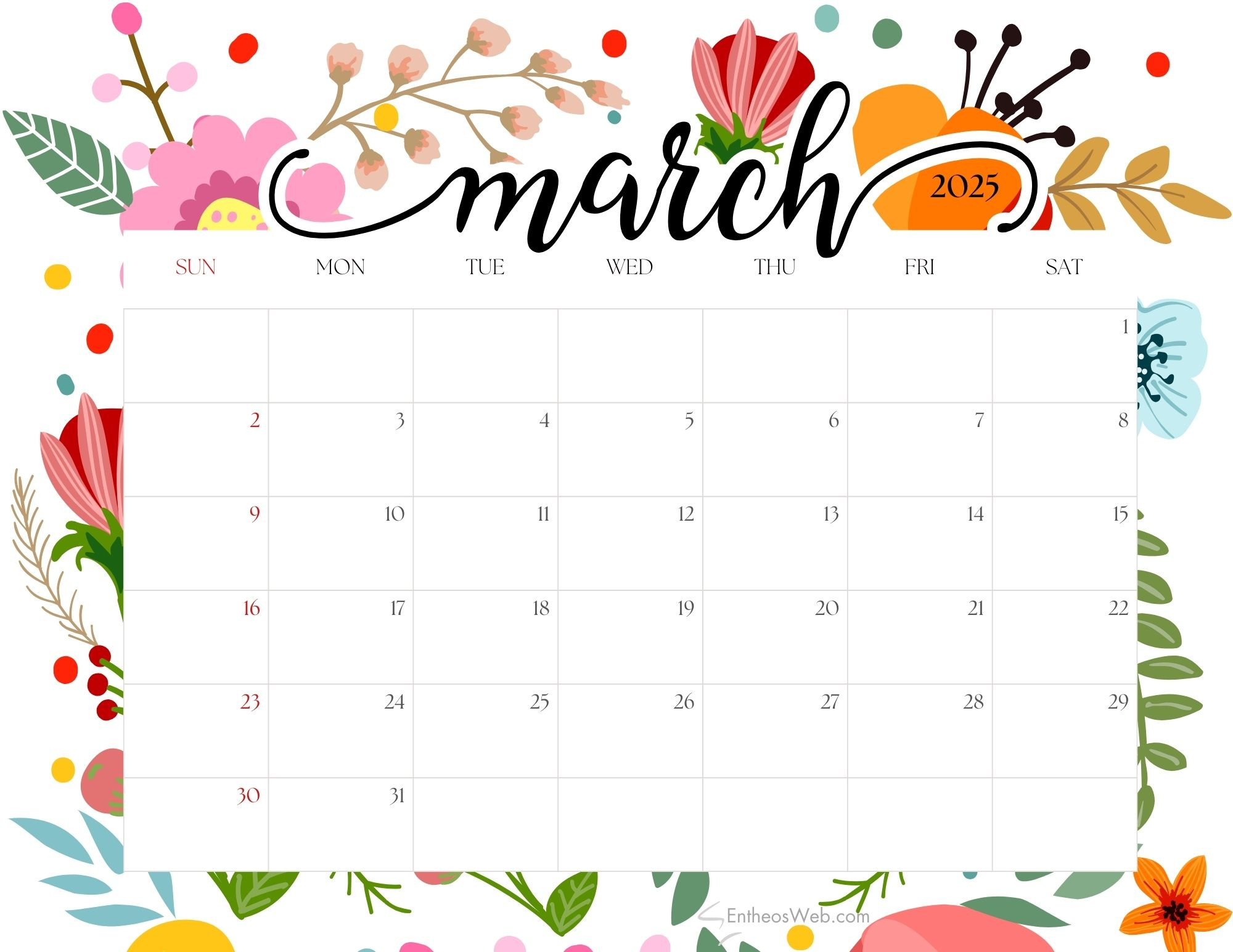 March 2025 Calendar Free Pdf Printables | Entheosweb with regard to Free March Printable Calendar 2025