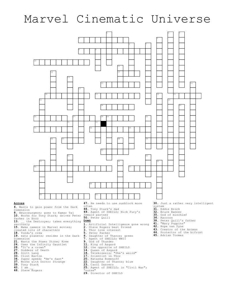 Marvel Cinematic Universe Crossword - Wordmint inside Marvel Crossword Puzzles Printable