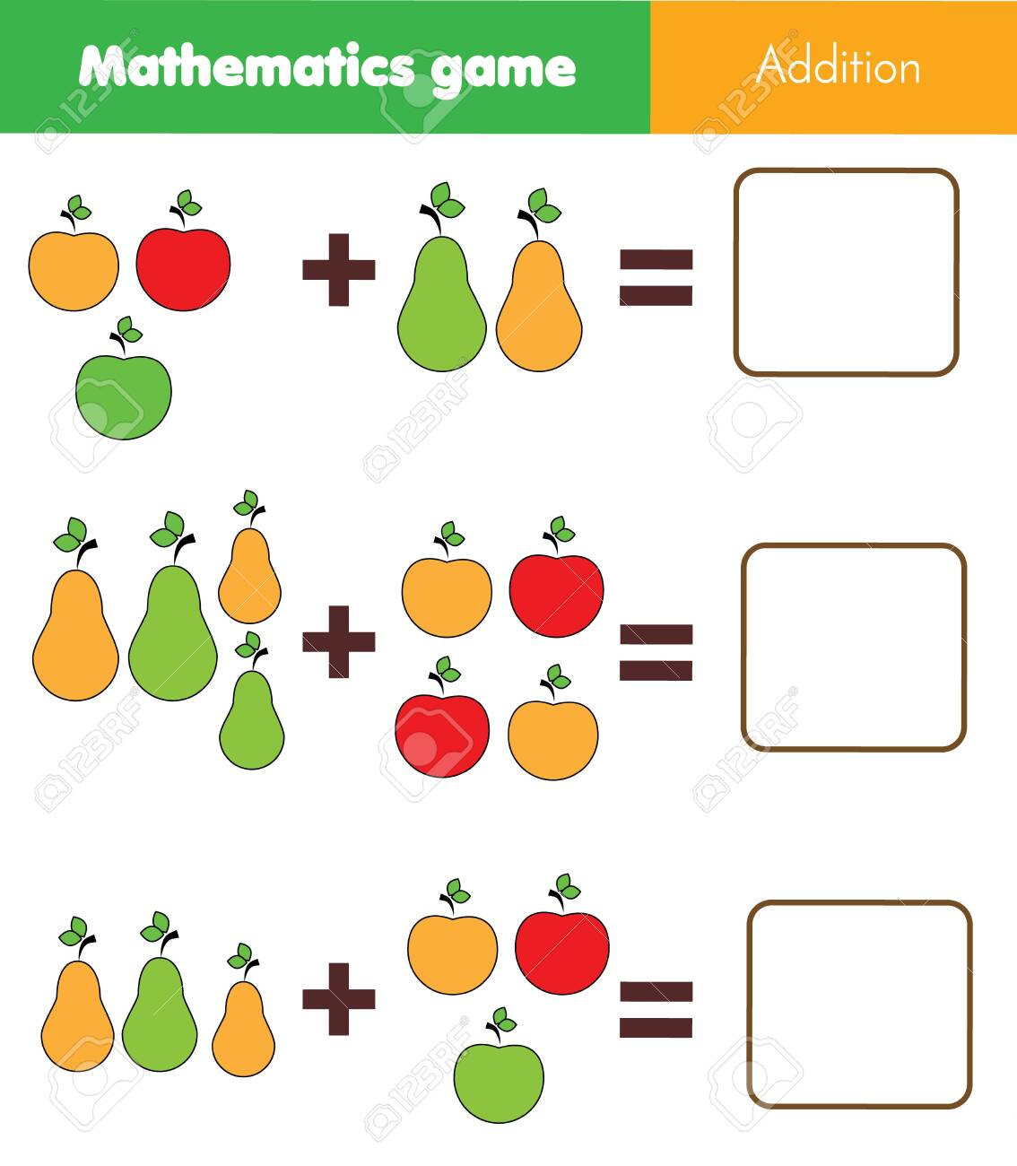 Math Educational Game For Children. Counting Equations. Addition in Fruit Picture Addition Worksheet