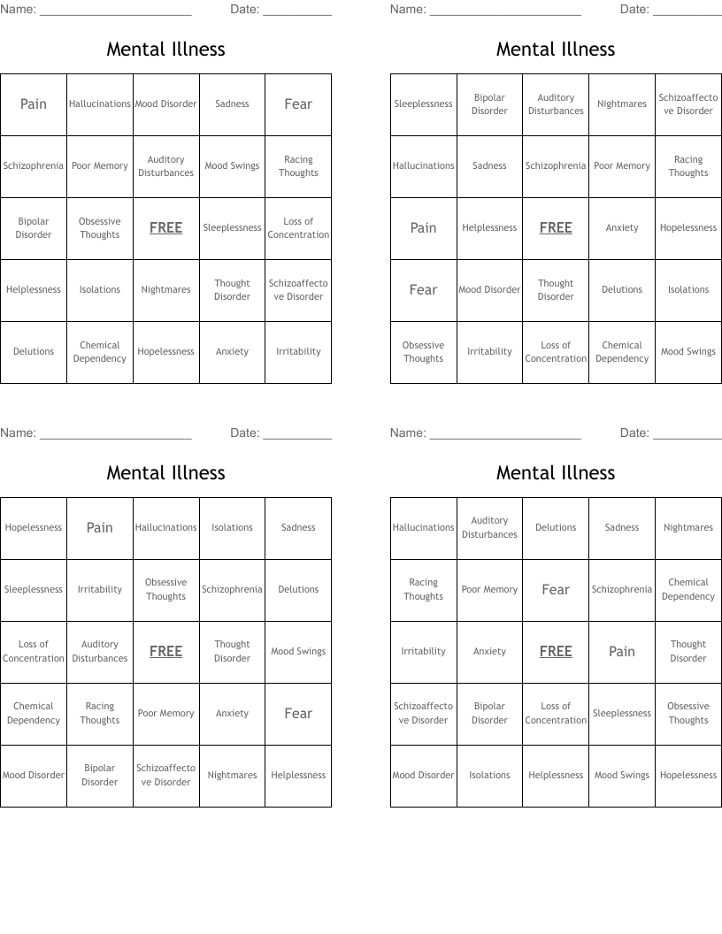 Mental Illness Bingo Cards - Wordmint throughout Mental Illness Bingo Card