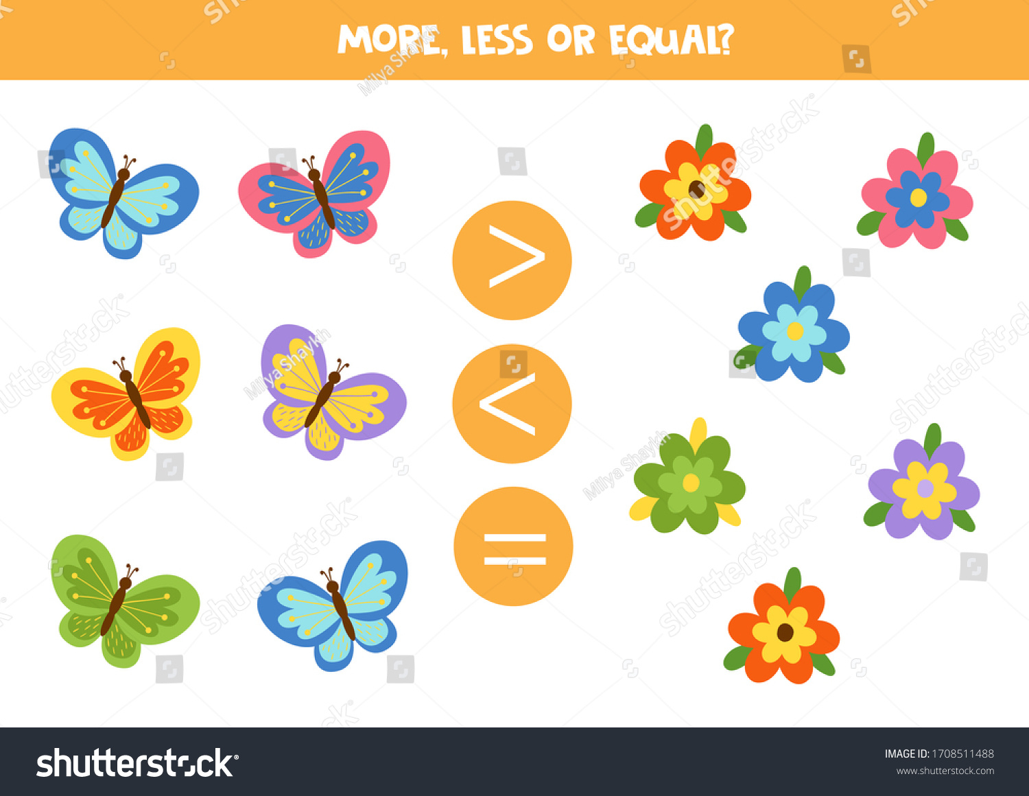 More Less Equal Count Amount Butterflies Stock Vector (Royalty for Butterflies More Or Less Worksheet