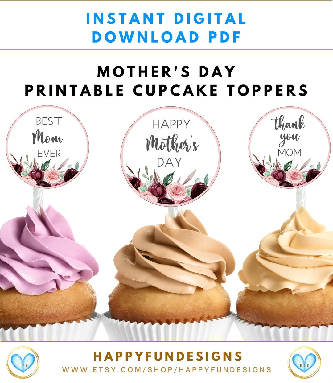 Muttertag Cupcake Toppers Printable, Cake Pop Tags, Cupcake Topper Vorlage, Happy Mothers Day Cupcake Pick Topper, Backwaren Tags, Pdf - Etsy.de intended for Happy Mothers Day Cake Topper Printable